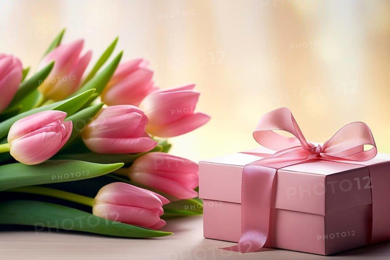 Gift Box with Pink Ribbon Beside bouquet of Fresh Tulips on Bokeh Background. Good for Valentine day, March 8, mother day, spring holidays, birthday designs, AI generated