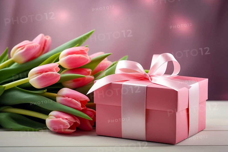 Gift Box with Pink Ribbon Beside bouquet of Fresh Tulips on Bokeh Background. Good for Valentine day, March 8, mother day, spring holidays, birthday designs, AI generated