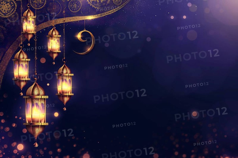 The essence of Ramadan with golden lanterns illuminating the dark night, adorned by a crescent moon and sparkling stars, AI generated