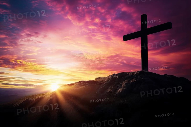 Easter concept cross on Golgotha Calvary hill against a dramatic sunset, AI generated