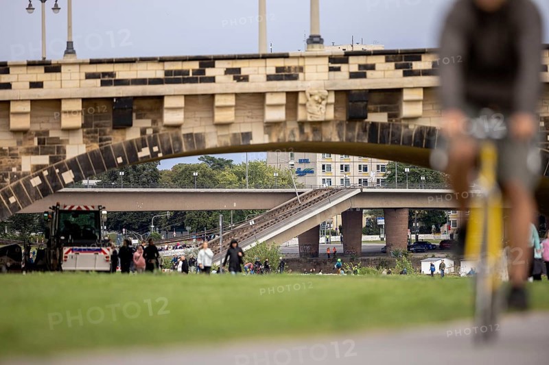 Partially collapsed Carola Bridge, seen through the Augustus Bridge in Dresden, 11/09/2024