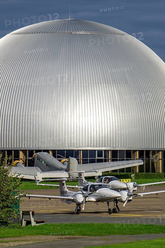 Mülheim-Essen airfield, commercial airfield in the south of Essen and in the east of Mülheim an der Ruhr, for leisure and business aviation, headquarters of the WDL airship company, airship hangar, old JU 52 aircraft North Rhine-Westphalia, Germany, Europe