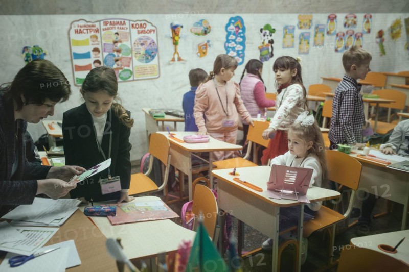 Pupils in a classroom in one of the metro schools in Kharkiv. Classrooms were set up in various metro stations in the city in order to keep classes running even during an air raid, Metro Universytet, Kharkiv, Ukraine, Europe