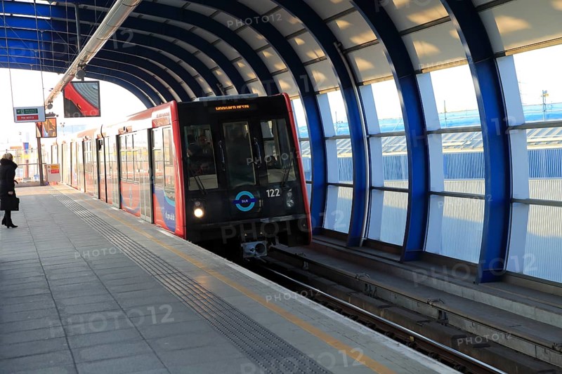 Docklands Light Railway train at City Airport station, London, England, UK