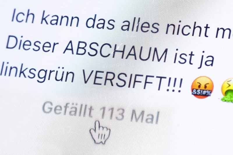 Symbolic photo on the topic of hate comments in social networks. A comment on Instagram says left-wing green filthy. Berlin, 13.02.2024