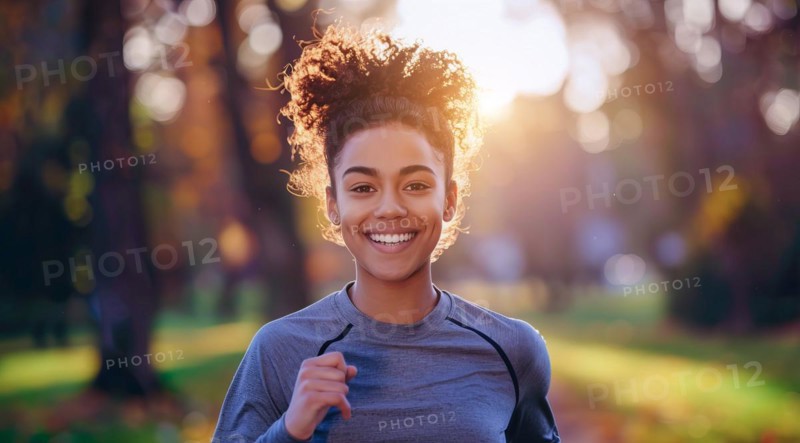 A woman runner running and jogging in a park. Active lifestyle, training for endurance, AI generated