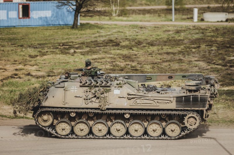 Büffel armoured recovery vehicle, photographed as part of a Bundeswehr exercise with armed forces from Norway and the Czech Republic during the 'Wettiner Schwert' exercise as part of Quadriga 2024 in the training town of Schnöggersburg, 8 April 2024