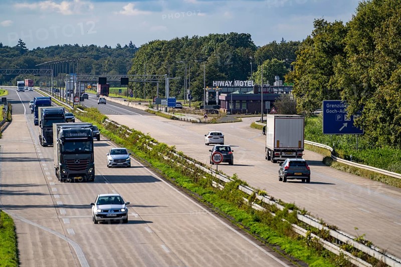 Goch border crossing, A57 motorway, from Germany to the Netherlands, little traffic, North Rhine-Westphalia, Germany, Europe