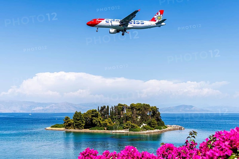An Edelweiss Airbus A320 aircraft with the registration HB-JJK at Corfu Airport, Greece, Europe