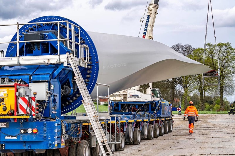 Preparation for the transport of a 68 metre long blade, a wind turbine, with a self-propelled Blade-Lifter vehicle, over a 40 km long route in the Bergisches Land, through towns, villages, over country roads, narrow through roads, to the construction site of the wind turbine near Hagen, North Rhine-Westphalia, Germany, Europe