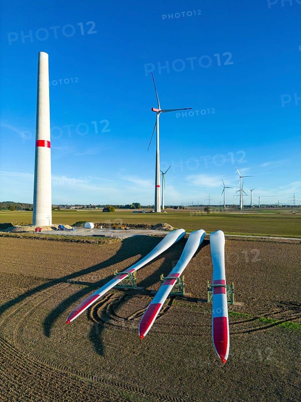 Wind farm near Bad Wünnenberg, construction site, storage area for a new wind turbine, components of the mast, the nacelle and the rotors are ready for assembly, North Rhine-Westphalia, Germany, Europe