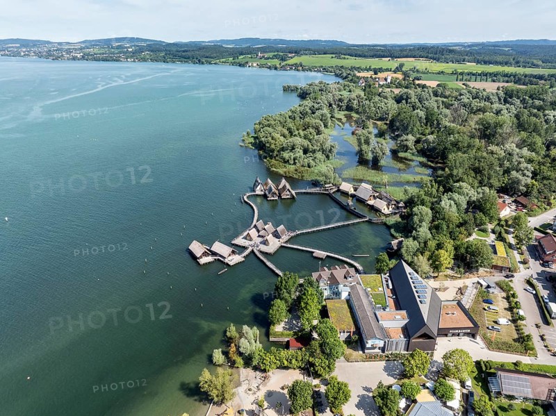 Aerial view of the pile dwellings, Lake Dwelling Museum, Open Air Museum Unteruhldingen, Uhldingen-Mühlhofen, Lake Constance, Lake Constance, Baden-Württemberg, Germany, Europe