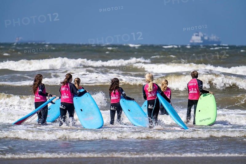 Course for surfers, surfing beginners, on the beach of Scheveningen, Netherlands
