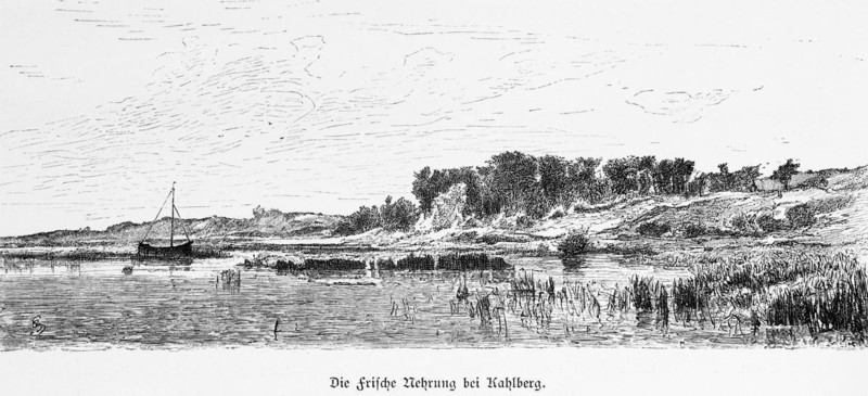 Fresh Spit near Krynica Morska or Kahlberg, Poland, coastal landscape, reeds, hilly landscape, group of trees, sailing boat, solitude, tranquillity, historical illustration 1880, Europe