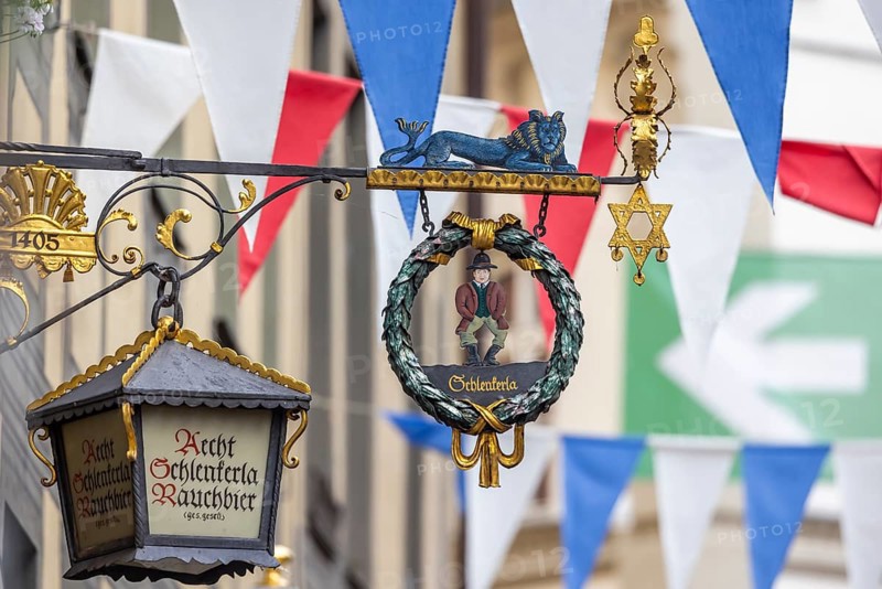Nose sign in the old town centre of Bamberg. Brewer's star, guild symbol of the brewers. Schlenkerla smoked beer brewery. Bamberg, Upper Franconia, Bavaria, Germany, Europe