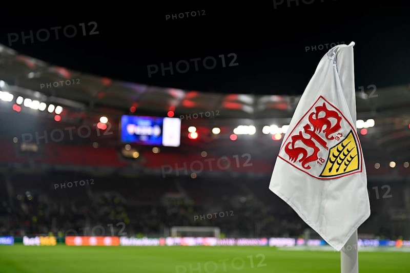 Overview, corner flag, logo, VfB Stuttgart, floodlight, Champions League, MHPArena, MHP Arena Stuttgart, Baden-Württemberg, Germany, Europe