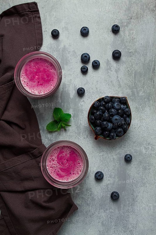 Smoothie, drink, in glass glasses, blueberry, homemade, breakfast, top view, no people