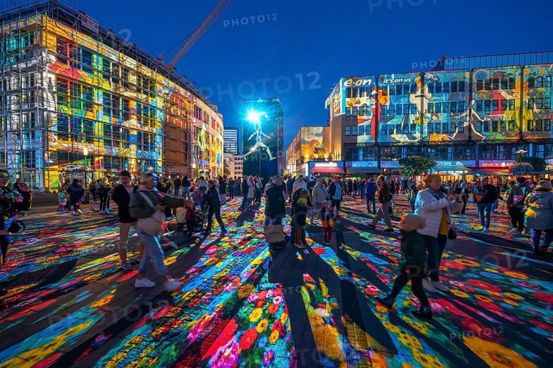 Essen Light Festival, in the city centre, light art on Kennedyplatz, the Berlin artist Daniel Margraf illuminates the large square in the city centre with works of art from the Essen Folkwang Museum, the visitors become part of the pictures that change with every step. North Rhine-Westphalia, Germany, Europe