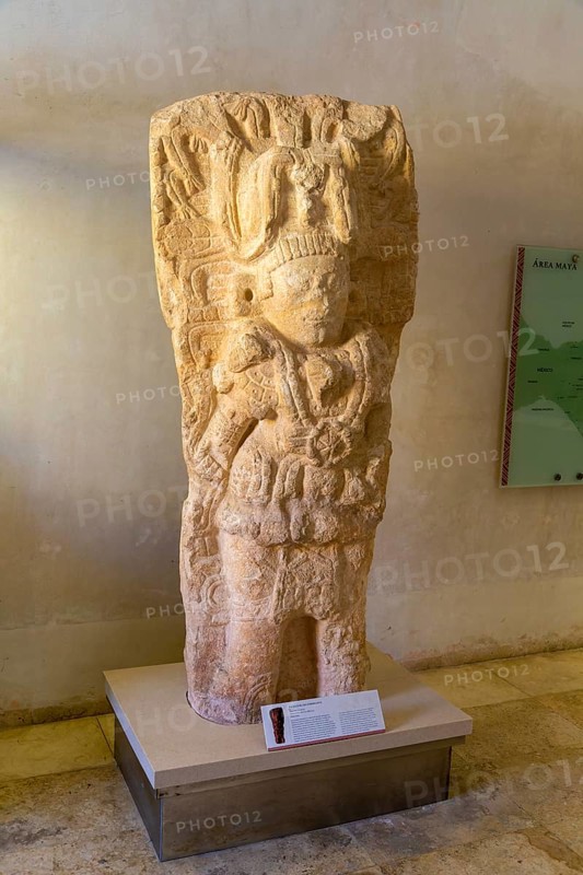 Stone limestone sculpture of a ruler, from Hopelchen, Classic period, Mayan archaeological museum, Fort San Jose, Campeche, Mexico, Central America