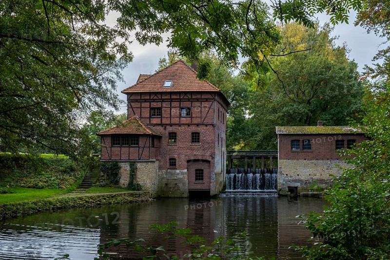 Brüningmühle, old watermill on the Vechte, Schöppingen, Münsterland, North Rhine-Westphalia, Germany, Europe