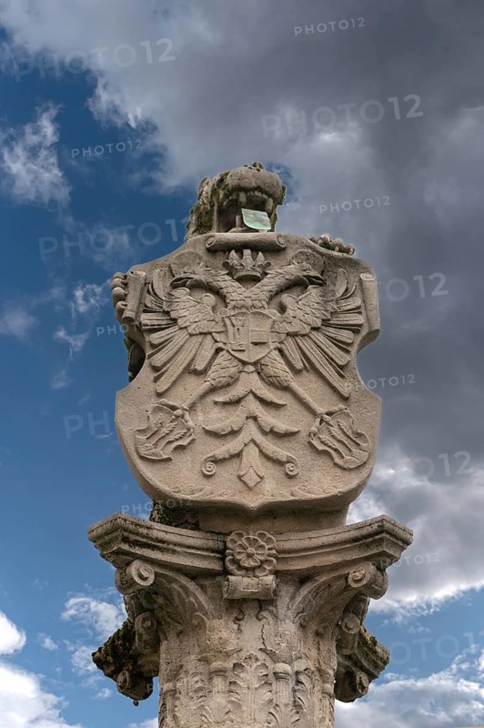 Lion fountain from the Renaissance period 1557, the lion holds a shield with the double-headed imperial eagle, Dinkelsbühl, Bavaria, Germany, Europe