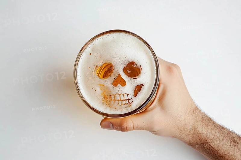 Top view of man's hand holding beer mug with skull shape in foam on white background. Concept for alcoholism and alcohol related deaths. Generative Ai, AI generated