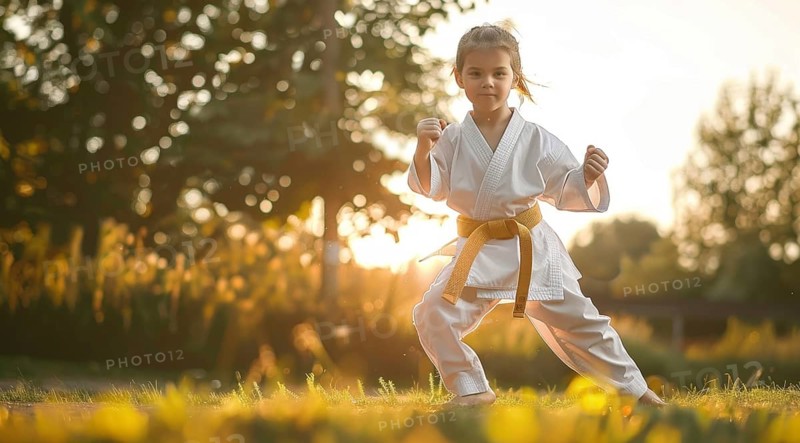 Young children practice martial art in kimono and developing karate and kong fu strength., AI generated
