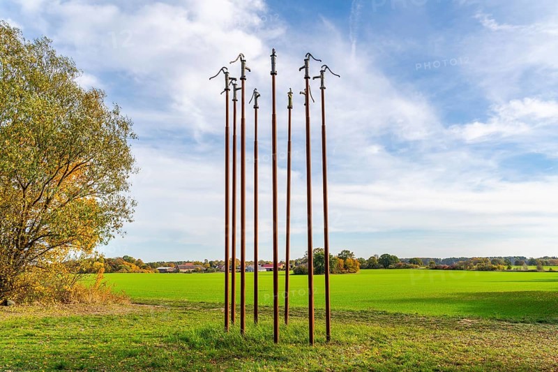 Art installation with water pumps by Wolfgang Buntrock and Frank Nordiek, International Art Trail, Hoher Fläming nature park Park, Brandenburg, Germany, Europe