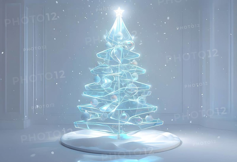 A three dimensional rendering of a futuristic Christmas tree made of glowing, semi-transparent glass, AI generated