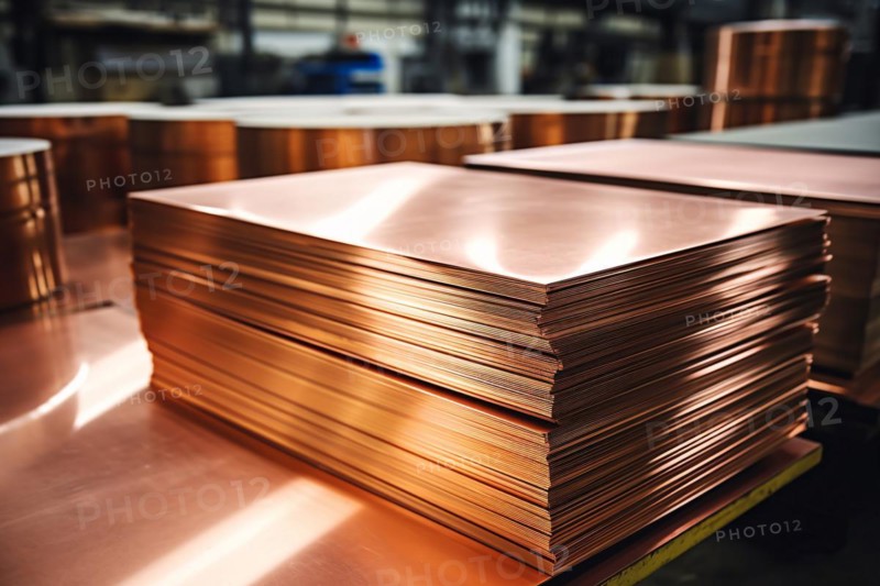 Sheets made from raw copper material in industrial storage facility. KI generiert, generiert, AI generated