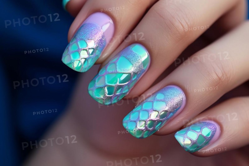 Close up of woman's fingernails with mermaid fish scale nail art design. KI generiert, generiert, AI generated