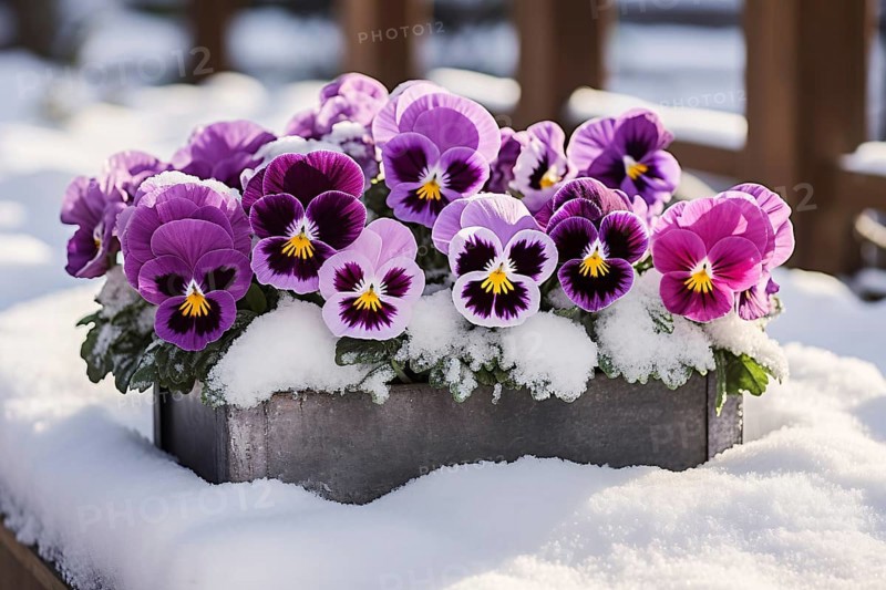 Violet pansies flowers in spring covered in snow. KI generiert, generiert AI generated
