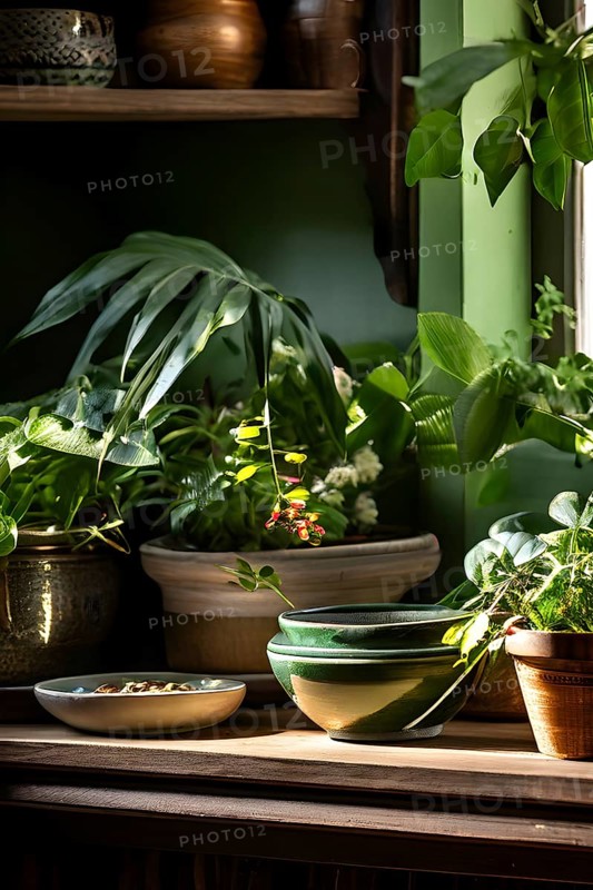 A sunlit kitchen corner, with a rustic wooden shelf holding neatly arranged ceramic bowls and a single, vibrant green houseplant, AI generated
