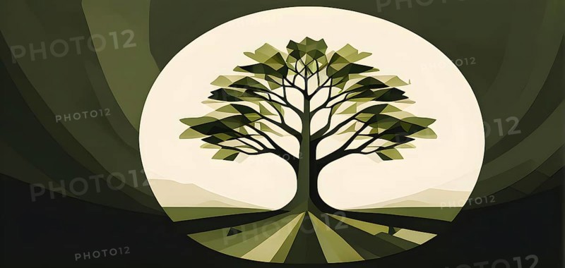 Abstract geometric tree with a circular canopy and a rectangular trunk, arranged in a clean, balanced design with a limited color palette of olive green, deep brown, and ivory, AI generated