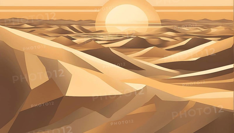 Abstract desert scene with triangular sand dunes and a single circular sun, using sharp lines and subtle gradients in neutral earth tones, AI generated
