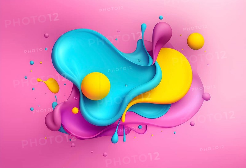 Abstract image with colorful yellow and turquoise blobs and liquid shapes on a pink background, AI generated