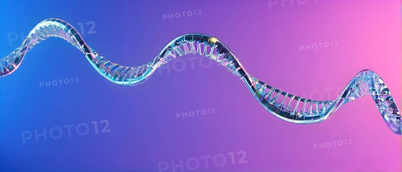 DNA double helix structure against gradient blue background, AI generated