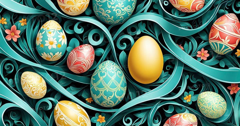 A whimsical abstract pattern with intertwined ribbons, eggs, and floral motifs, with a mix of sharp and soft lines creating depth, AI generated