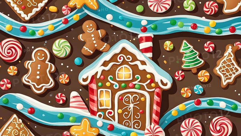 Abstract wallpaper illustration of of gingerbread house decoration, AI generated