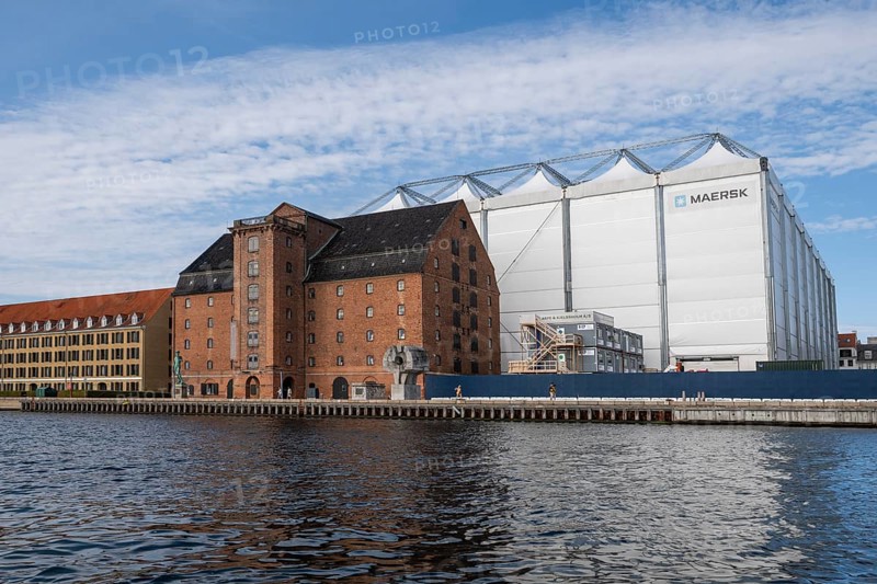 Head office or headquarters of the Møller-Mærsk Group, also known as Maersk and brick building with collection of classical European sculptures, former warehouse, harbour, Copenhagen, Denmark, Europe