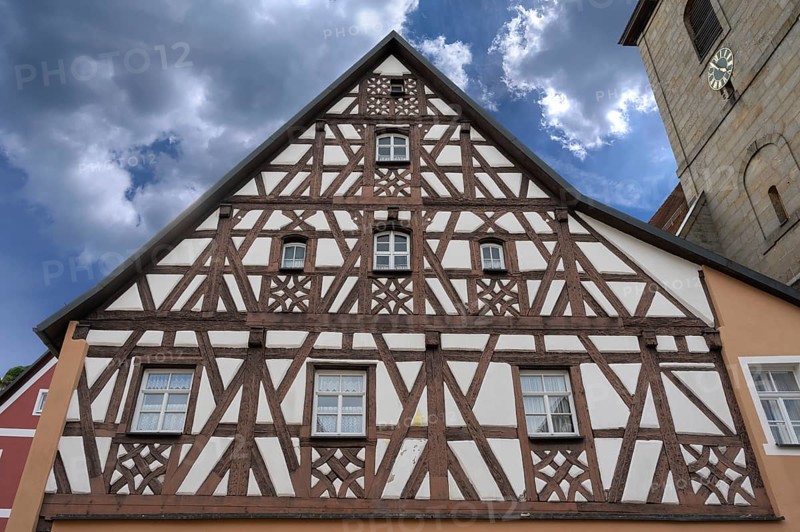 Gable of a medieval half-timbered house, Betztenstein, Upper Franconia, Bavaria, Germany, Europe