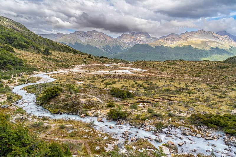 Torrent with glacier water on the way to Laguna Esmeralda, Tierra del Fuego Island, Patagonia, Argentina, South America