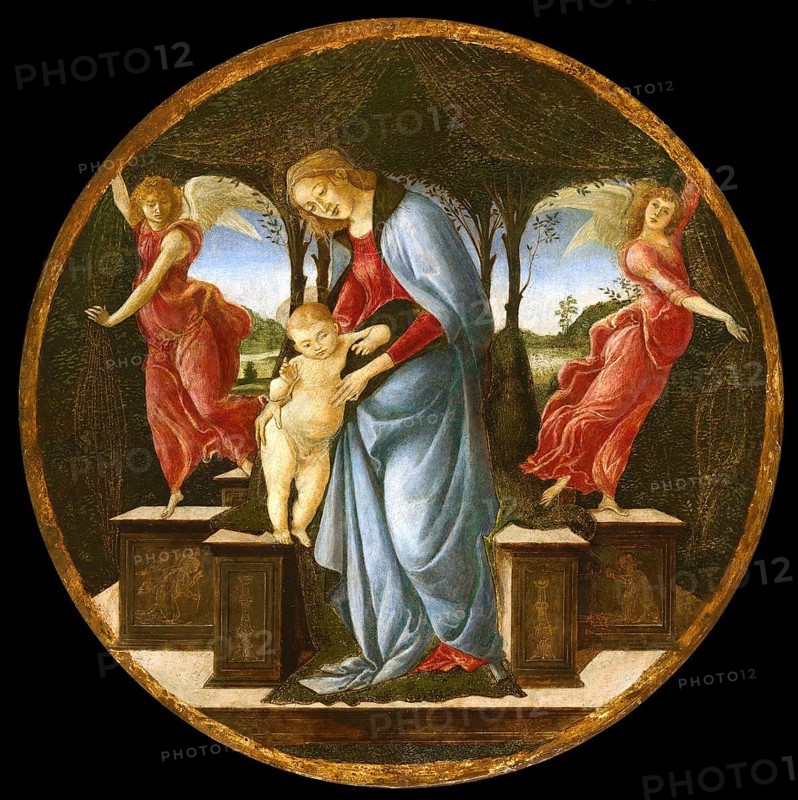 Virgin and Child with Two Angels (1485-95), Virgin and Child with Two Angels, Painting by Sandro Botticelli (1 March 1445, 1510), one of the most important Italian painters and draughtsmen of the early Renaissance, Historic, digitally restored reproduction from an original, Record date not stated