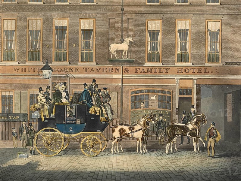 Stagecoach The Cambridge Telegraph, from the White Horse Post Office, Fetterham, 1870, England, Historic, digitally restored reproduction from a 19th century original, Record date not stated