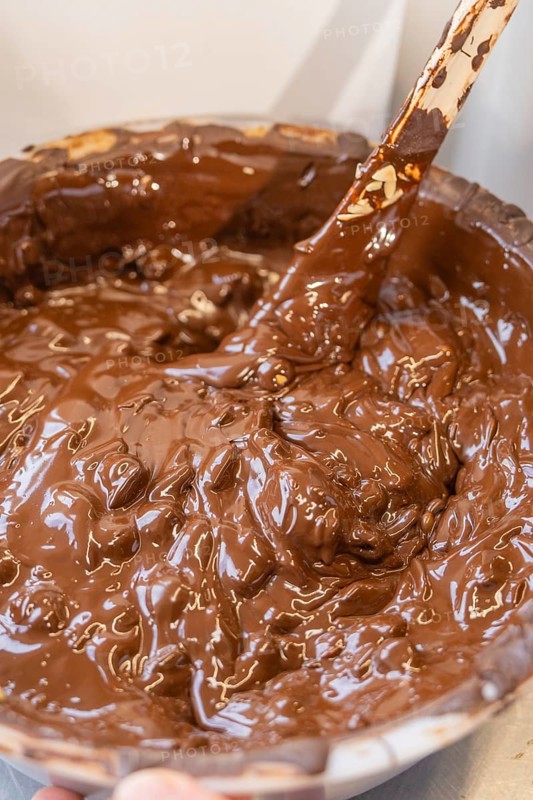 Close-up of a thick chocolate mass in a bowl, Burch Schokolade production, Haselstaller Hof, Gechingen, Germany, Europe