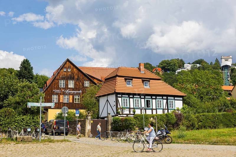 Friedrich Wieck Straße, Winery, Fährgut, August Böckstiegel Room, in the foreground the Fährhäuschen, Dresden Loschwitz, Dresden, Saxony, Germany, Europe