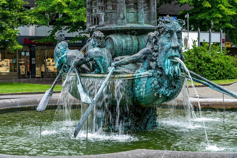 Detail of the historical column of the fountain on Josef-Görres-Platz in the historic centre of Koblenz, Rhineland-Palatinate, Germany, Europe
