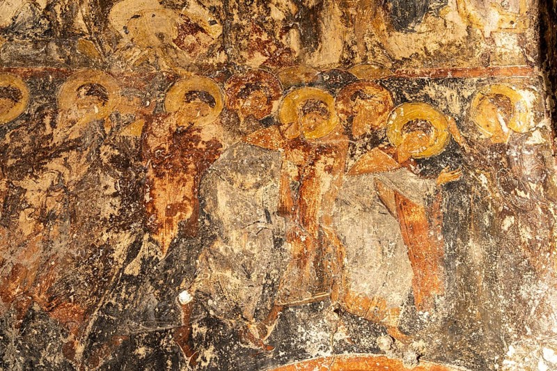 Frescoes in the Byzantine church of Agios Kyriakos in the ancient town of Lisos near Sougia, Crete, Greece, Europe