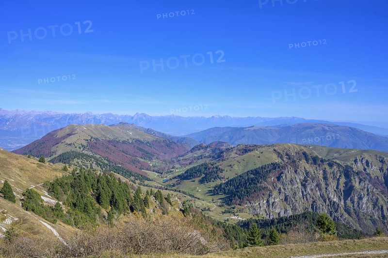 View from the war memorial Sacrario Militare del Monte Grappa to the rocks of the Meatte path, Valbrenta, province of Vicenza, Italy, Europe