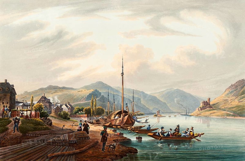 View of the town of Bingen and the Bingerloch and the Mäuseturm, Rhine, Rhineland-Palatinate, Germany, view around 1830, digitally restored reproduction of a 19th century model by Johann Ludwig Bleuler (12 February 1792 - 28 March 1850), Swiss draughtsman and painter, Europe